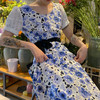 蓝色茉莉古典印花拼接水溶蕾丝野餐裙 商品缩略图0