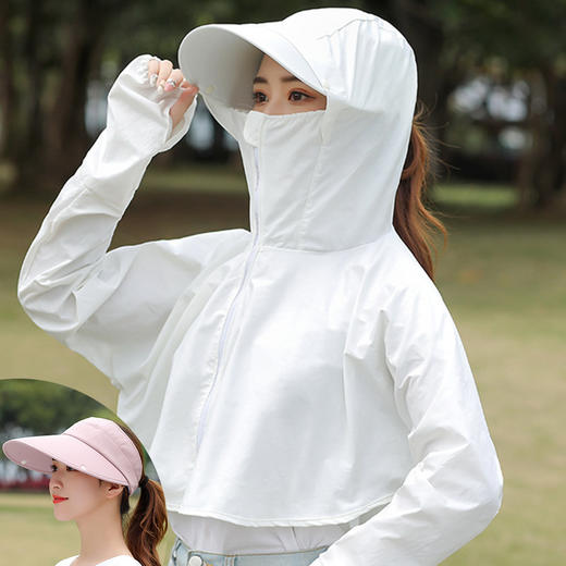 【360°无死角防晒衣 黑科技降温5度】夏季短款拉链防晒衣轻薄柔软面料 护脖护脸设计 弧形大帽檐 防雨防蚊虫更防晒 骑车户外蒙面连帽防晒衣女 商品图5