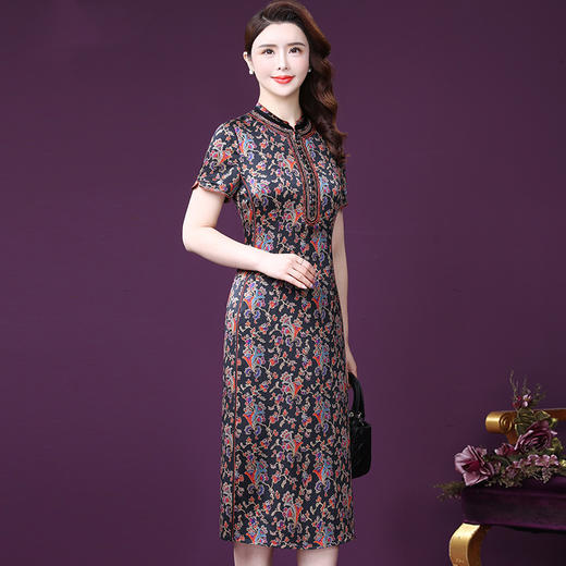 WXY-2818夏装新款民族风印花显瘦大码中长桑真丝连衣裙 商品图1