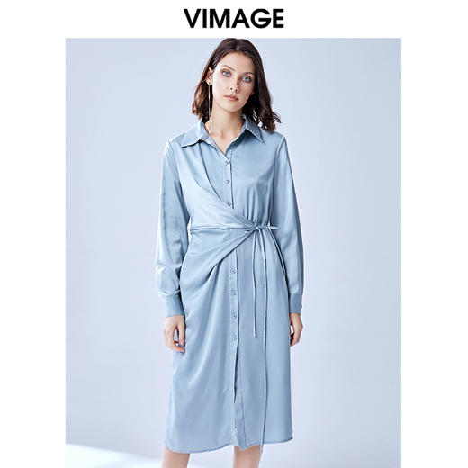 VIMAGE纬漫纪夏款轻薄丝滑纯色收腰通勤职业衬衫连衣裙女V1307903 商品图3