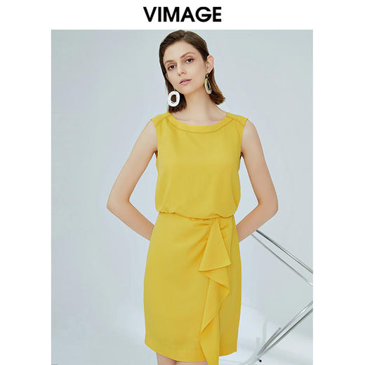 vimage纬漫纪夏季新款时尚高冷御姐风无袖圆领连衣裙黄色气质裙子V1107747 商品图0