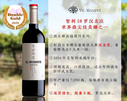 售完无补】智利18罗汉名庄:2016年威玛酒庄英斯登佳美娜旗舰干红