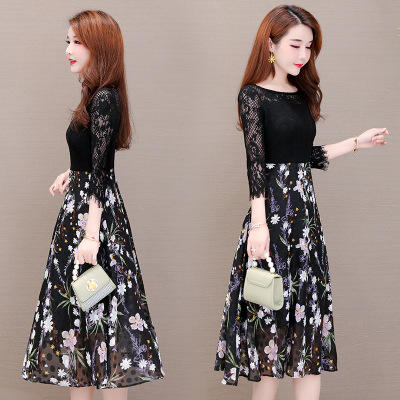 AHM 9622  2020年春夏季新款微胖贵妇人大码时尚连衣裙显瘦减龄蕾丝拼接 商品图2