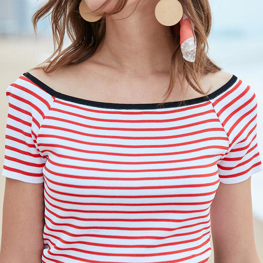 欧芮儿夏装条纹针织衫女显瘦短袖T恤女百搭上衣CSXWP916286 商品图3