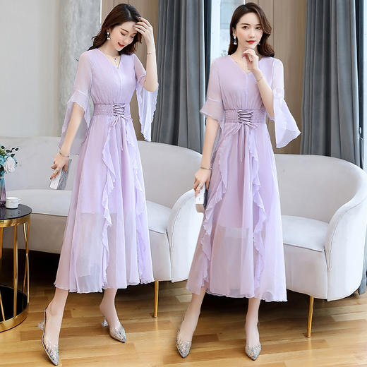 XP-YBX2023夏季V领领色收腰显瘦甜美套头腰部牛筋连衣裙 商品图1