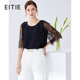EITIE爱特爱夏季新款通勤职业OL圆领网纱蕾丝中袖宽松女上衣5913607