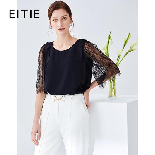 EITIE爱特爱夏季新款通勤职业OL圆领网纱蕾丝中袖宽松女上衣5913607 商品图0