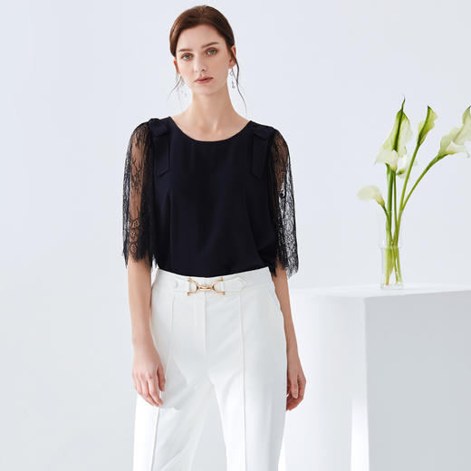 EITIE爱特爱夏季新款通勤职业OL圆领网纱蕾丝中袖宽松女上衣5913607 商品图2