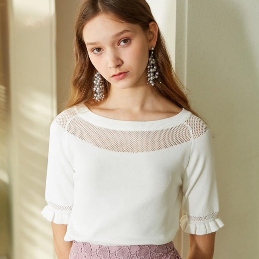 欧芮儿白色针织衫女宽松上衣女镂空木耳边短袖t恤 商品图2