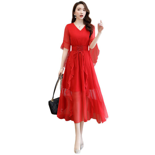 XP-YBX2023夏季V领领色收腰显瘦甜美套头腰部牛筋连衣裙 商品图4