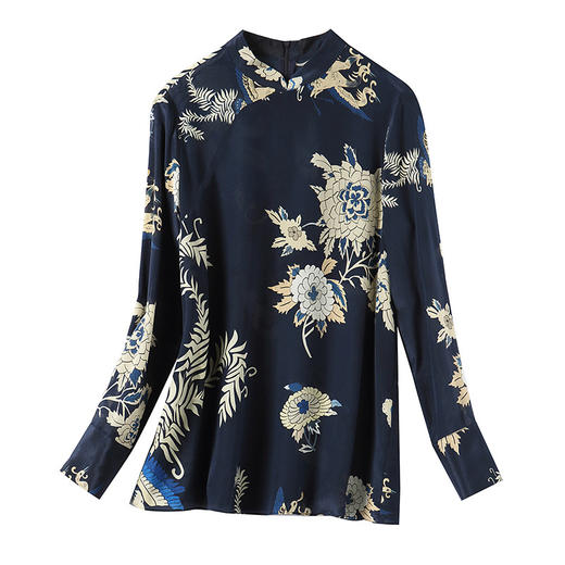 FP-F1049春夏复古国风改良牡丹印花真丝旗袍T恤上衣 商品图4