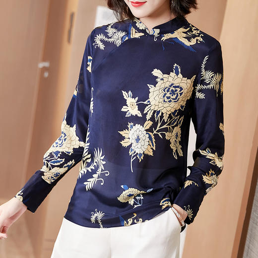 FP-F1049春夏复古国风改良牡丹印花真丝旗袍T恤上衣 商品图0