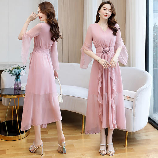 XP-YBX2023夏季V领领色收腰显瘦甜美套头腰部牛筋连衣裙 商品图2