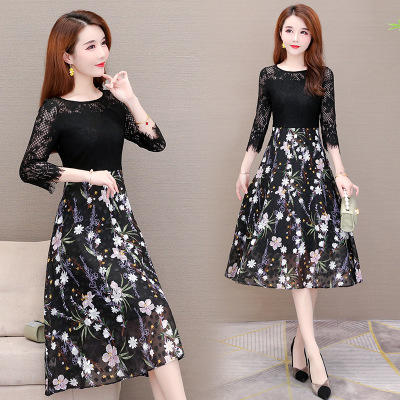 AHM 9622  2020年春夏季新款微胖贵妇人大码时尚连衣裙显瘦减龄蕾丝拼接 商品图1