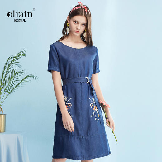 欧芮儿夏装新款大圆领刺绣牛仔连衣裙 商品图0