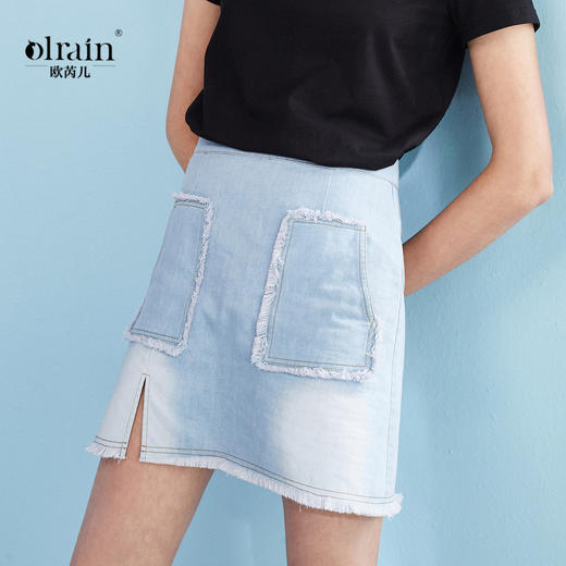 欧芮儿超显瘦口袋牛仔半身裙女水洗收腰a字短裙子 商品图0