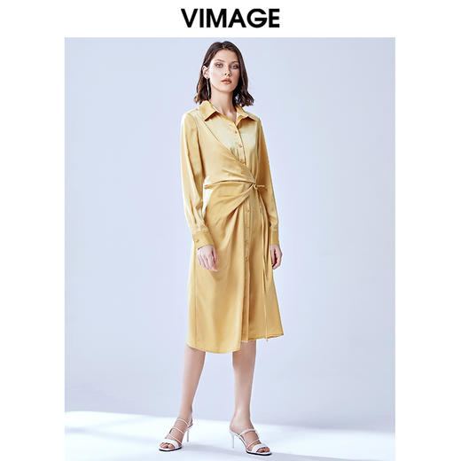 VIMAGE纬漫纪夏款轻薄丝滑纯色收腰通勤职业衬衫连衣裙女V1307903 商品图2