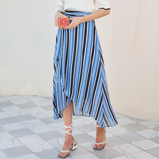 欧芮儿条纹雪纺半身裙女夏季气质不规则薄款系带裙子 商品图1
