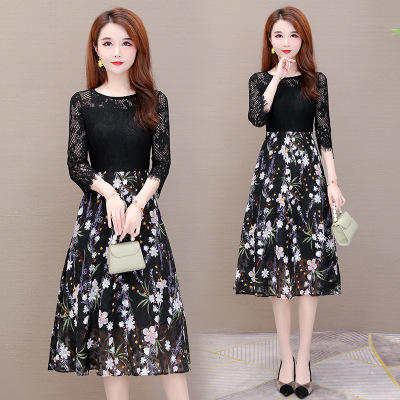 AHM 9622  2020年春夏季新款微胖贵妇人大码时尚连衣裙显瘦减龄蕾丝拼接 商品图0