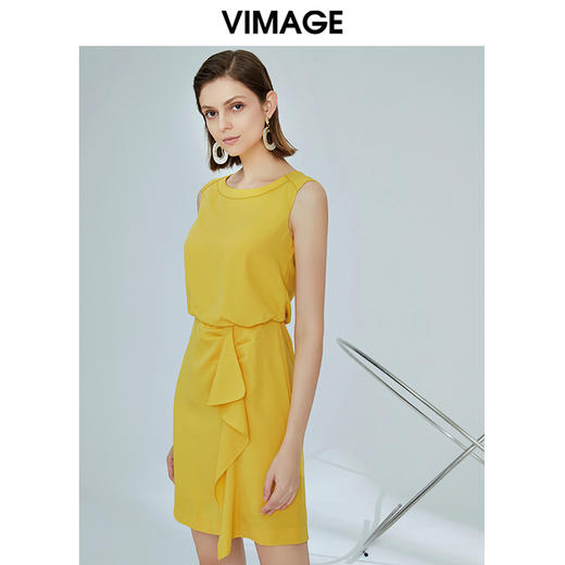 vimage纬漫纪夏季新款时尚高冷御姐风无袖圆领连衣裙黄色气质裙子V1107747 商品图1