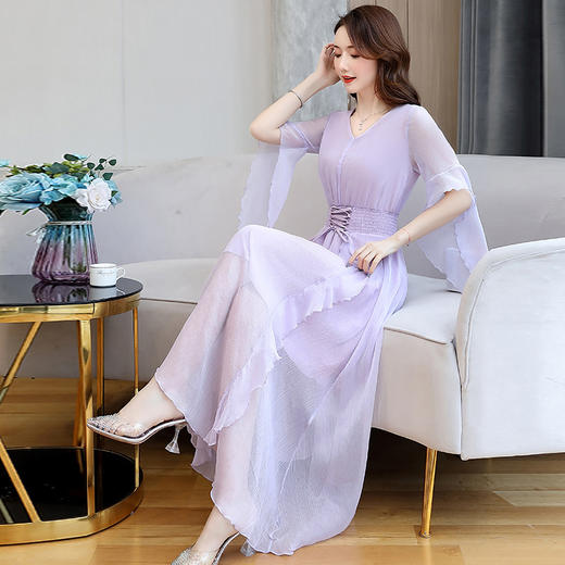 XP-YBX2023夏季V领领色收腰显瘦甜美套头腰部牛筋连衣裙 商品图3