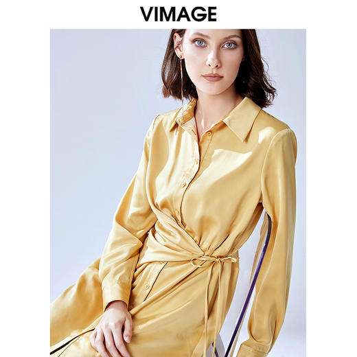 VIMAGE纬漫纪夏款轻薄丝滑纯色收腰通勤职业衬衫连衣裙女V1307903 商品图0
