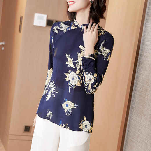 FP-F1049春夏复古国风改良牡丹印花真丝旗袍T恤上衣 商品图2