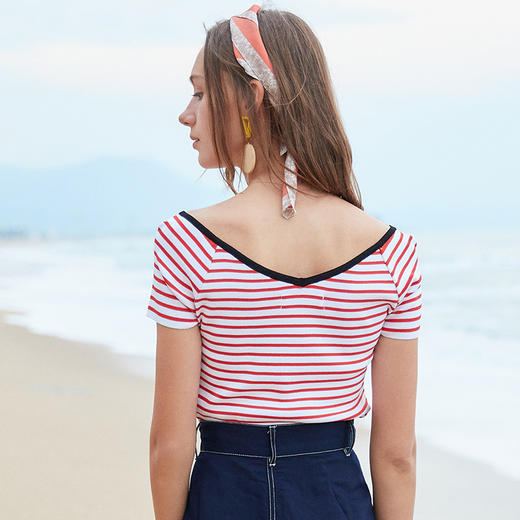 欧芮儿夏装条纹针织衫女显瘦短袖T恤女百搭上衣CSXWP916286 商品图2