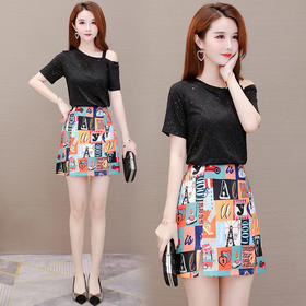 AHM-xycl9615夏季新款大码气质时尚单漏肩显瘦显高T恤加短裙两件套