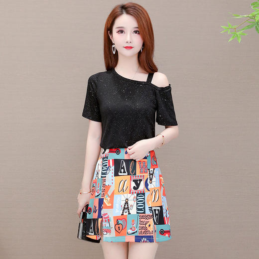 AHM-xycl9615夏季新款大码气质时尚单漏肩显瘦显高T恤加短裙两件套 商品图4