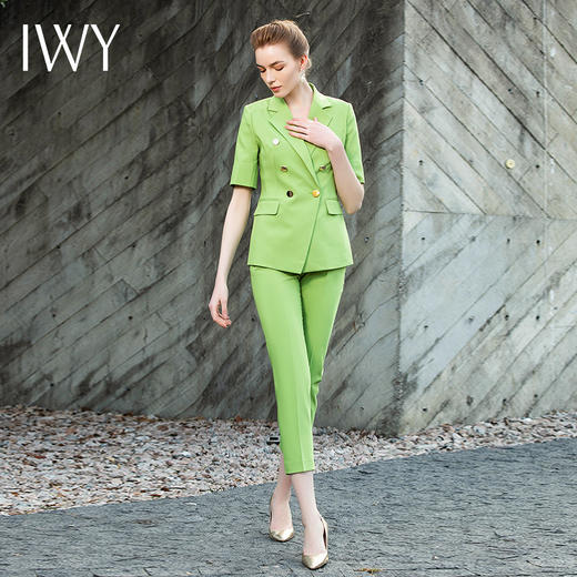 夏季高档双排扣西装女时尚职业装绿色短袖西装套装202009CPS1 商品图2