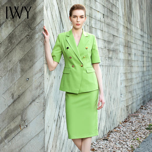 夏季高档双排扣西装女时尚职业装绿色短袖西装套装202009CPS1 商品图5