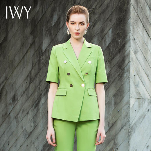 夏季高档双排扣西装女时尚职业装绿色短袖西装套装202009CPS1 商品图6
