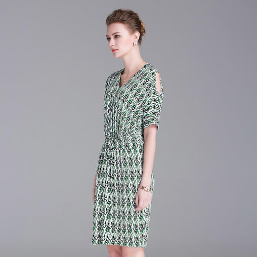 QF86D斯尔丽瑟俪2020年夏季新品缩褶收腰修身V领短袖印花气质连衣裙 商品图1