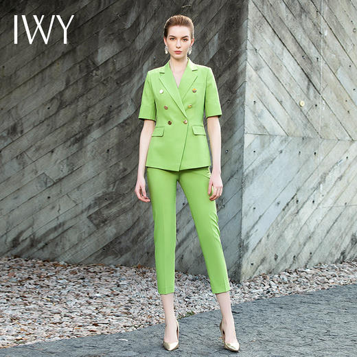 夏季高档双排扣西装女时尚职业装绿色短袖西装套装202009CPS1 商品图0