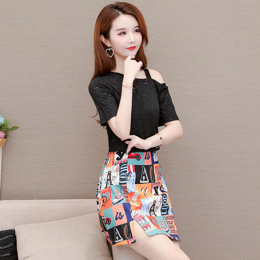 AHM-xycl9615夏季新款大码气质时尚单漏肩显瘦显高T恤加短裙两件套 商品图2