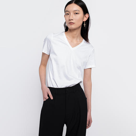 322工房 纯棉 80支纱长绒棉V领白T恤 商品图0