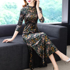 HT-09120301新款高端复古大码碎花丝绒裙子