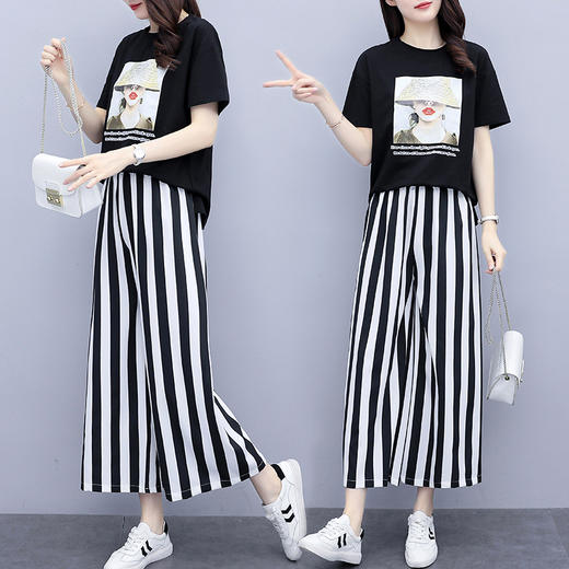 AHM-qs2984夏新款大码女装胖mm短袖时尚气质休闲显瘦简约9分阔腿裤套装 商品图3