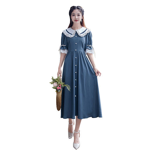 YZ-407035916实拍新款民族风甜美公主袖娃娃领连衣裙单排扣长裙夏WY 商品图4