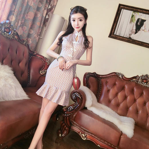 GY-DXH418A-0723实拍新款性感露肩荷叶边鱼日常改良旗袍连衣裙WY 商品图2