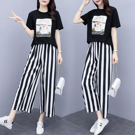 AHM-qs2984夏新款大码女装胖mm短袖时尚气质休闲显瘦简约9分阔腿裤套装 商品图1