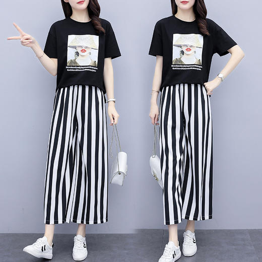 AHM-qs2984夏新款大码女装胖mm短袖时尚气质休闲显瘦简约9分阔腿裤套装 商品图2