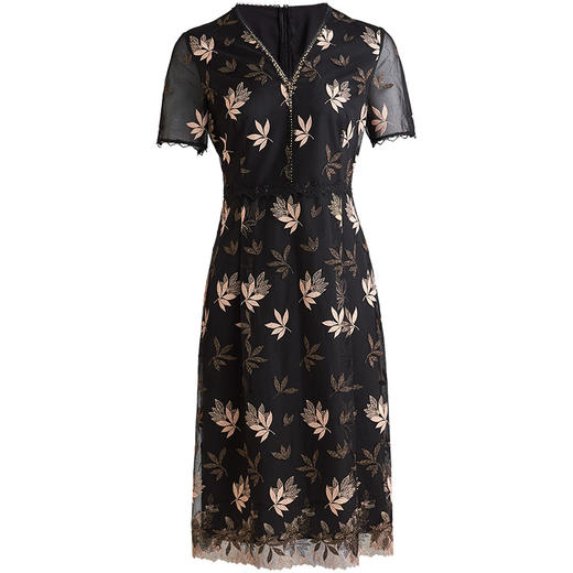 皮尔卡丹女装夏季新款黑色短袖V领蕾丝边连衣裙P0245DS57B3
 商品图4