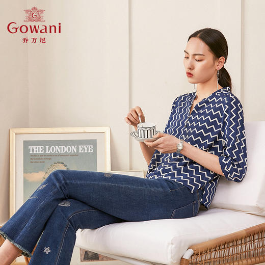 乔万尼新款气质V领衬衫休闲百搭七分袖真丝上衣夏季ES2C166 商品图2