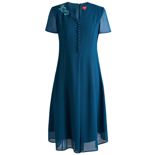 皮尔卡丹女装季新款蓝色短袖V领A字裙绣花裙子P0240DS50L0
 商品图4