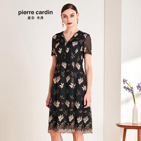 皮尔卡丹女装夏季新款黑色短袖V领蕾丝边连衣裙P0245DS57B3
