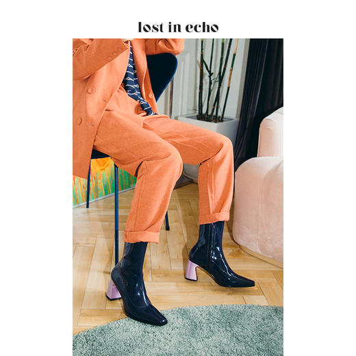 【微瑕疵不退不换】lost in echo漆皮方头高跟短靴  藏蓝 商品图0
