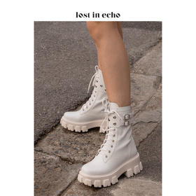 lost in echo 设计师 厚底气眼装饰马丁靴 白色绑带女靴中跟女鞋