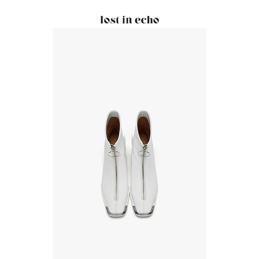 【微瑕疵不退不换】lost in echo2019秋季上新铁头方跟短靴女 金属方头圆环拉链中跟女鞋白色 商品图3
